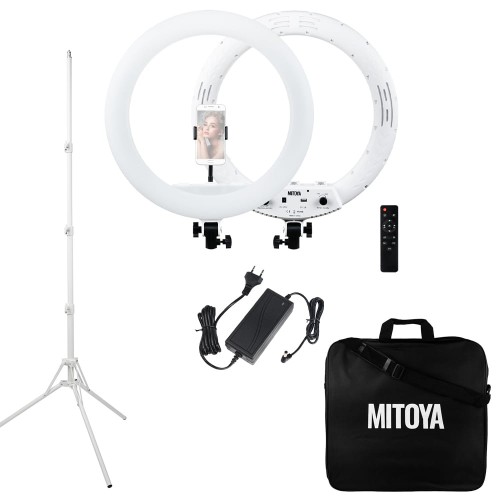 Biała lampa pierścieniowa LED Ring MITOYA MTY-18C + Statyw + Uchwyt do telefonu + Torba