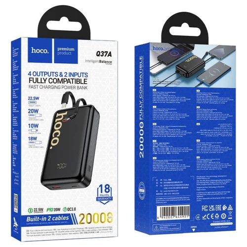 Powerbank Hoco 20000 mAh QC PD 22,5W z wbudowanymi kablami USB C + Lightning Q37A czarny