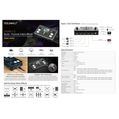 Mikser video Feelworld LIVEPRO L1 4-kanałowy switcher HDMI USB FullHD OBS