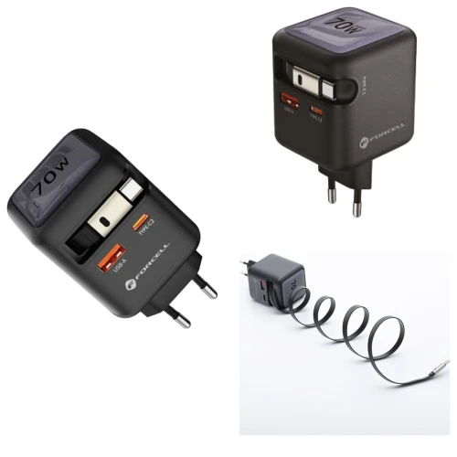 Szybka ładowarka sieciowa GaN 70W zwijany kabel USB-C Super Fast Charging