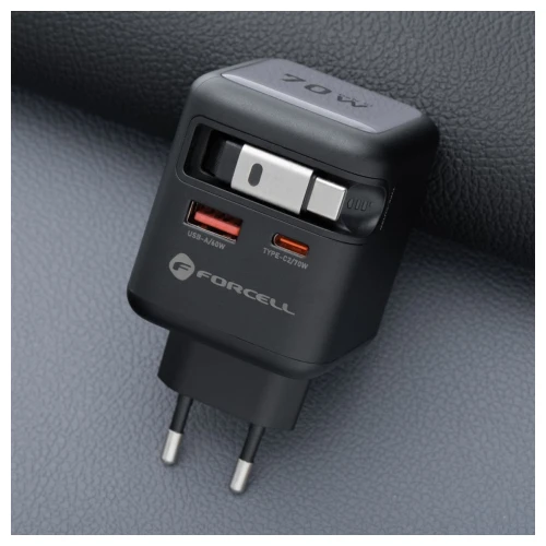 Szybka ładowarka sieciowa GaN 70W zwijany kabel USB-C Super Fast Charging