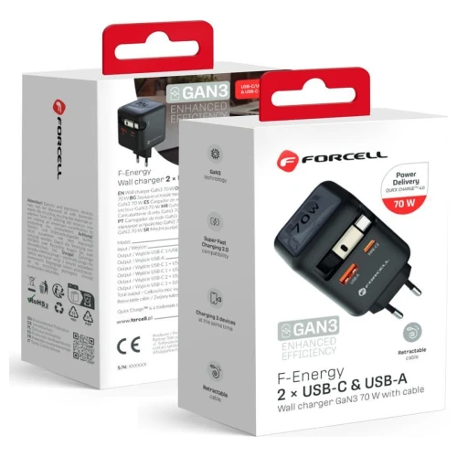 Szybka ładowarka sieciowa GaN 70W zwijany kabel USB-C Super Fast Charging