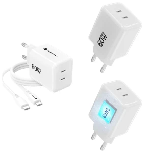 Szybka Ładowarka GaN III 60W do Telefonu Laptopa 2x USB-C PPS AVS