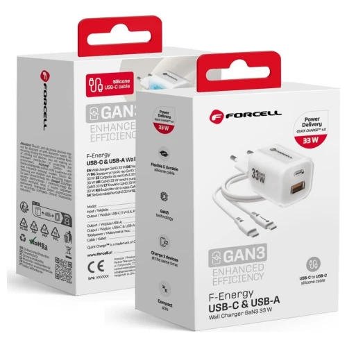 Ładowarka Sieciowa GaN III 33W USB-C USB-A PD QC4.0 Forcell VT-41 Biała