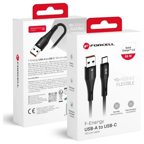 Kabel USB A do USB C Szybkie Ładowanie 66W 3A Silikonowy Czarny 1m QC 4.0