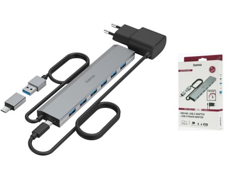 Hama USB Hub, 7 Ports, USB 3.2 Gen 1, 5 Gbit/s, incl. USB-C Adapter and PSU