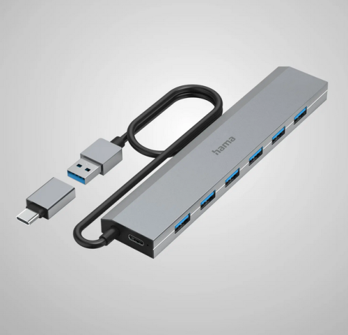 Hama USB Hub, 7 Ports, USB 3.2 Gen 1, 5 Gbit/s, incl. USB-C Adapter and PSU