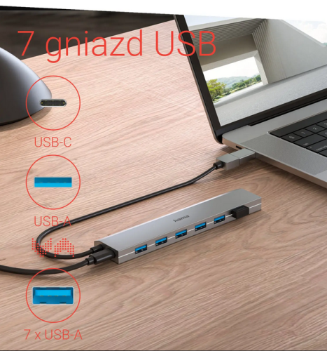 Hama USB Hub, 7 Ports, USB 3.2 Gen 1, 5 Gbit/s, incl. USB-C Adapter and PSU