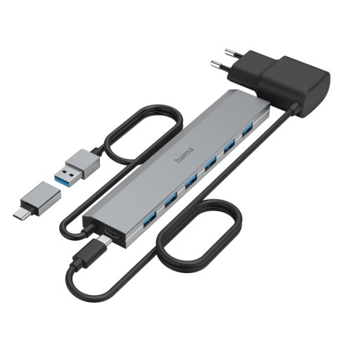 Hama USB Hub, 7 Ports, USB 3.2 Gen 1, 5 Gbit/s, incl. USB-C Adapter and PSU