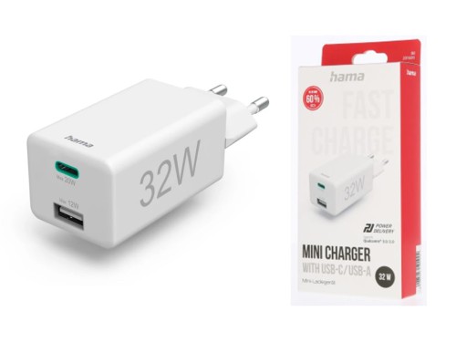 Hama Ładowarka do telefonu MINI 32W PD/QC (1X USB-C, 1X USB-A) biała