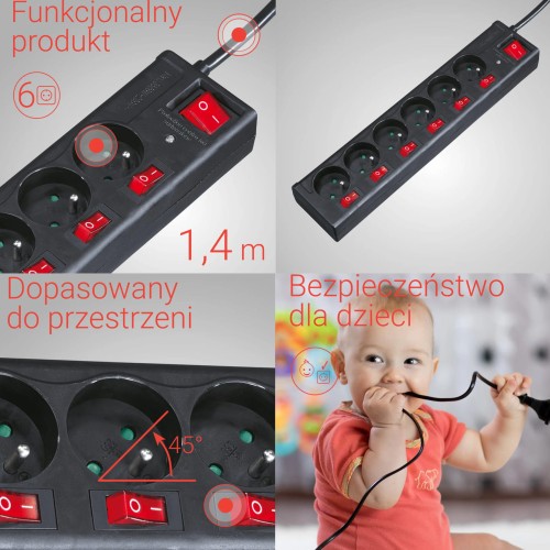 Hama listwa przepięciowa 6GN, 1,4M + osobny wyłącznik