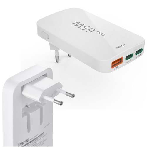 Ładowarka podróżna składana Hama GaN 65W 2x USB-C 1x USB-A Biała